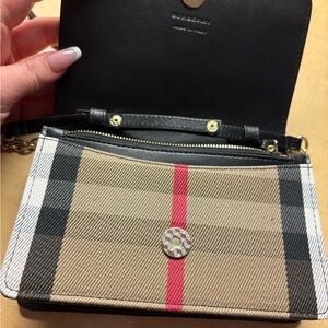 Classic Burberry Check Crossbody Bag in Beige with Red Stripe